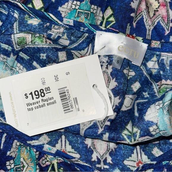 Ecru NWT Women’s S Cobalt Blue Weaver Kilim Silk Aztec Print Tassel Front Top - Picture 6 of 9